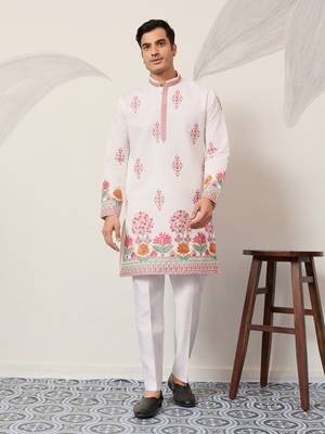 white viscose silk floral embroidered kurta pajama set for men 1
