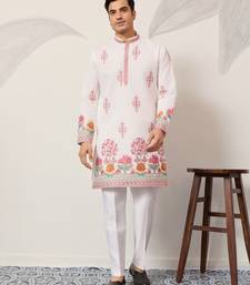 white viscose silk floral embroidered kurta pajama set for men