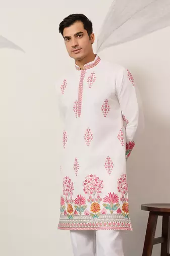 white viscose silk floral embroidered kurta pajama set for men