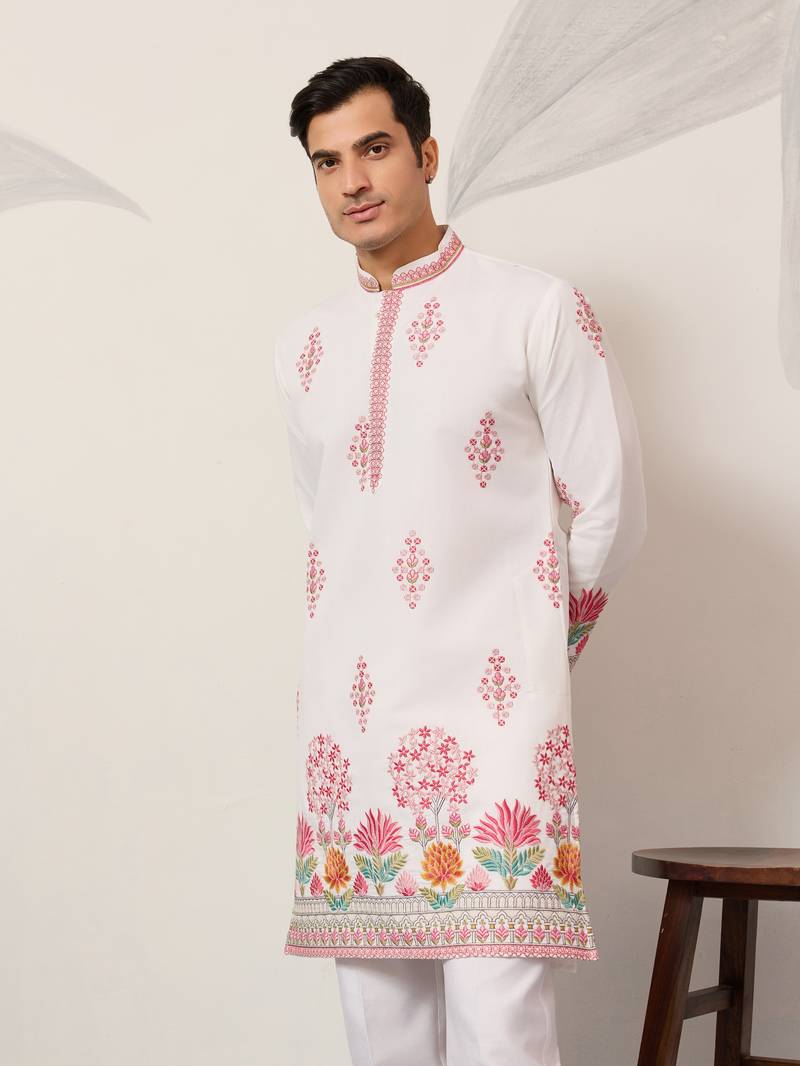 white viscose silk floral embroidered kurta pajama set for men