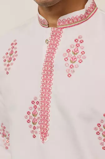 white viscose silk floral embroidered kurta pajama set for men