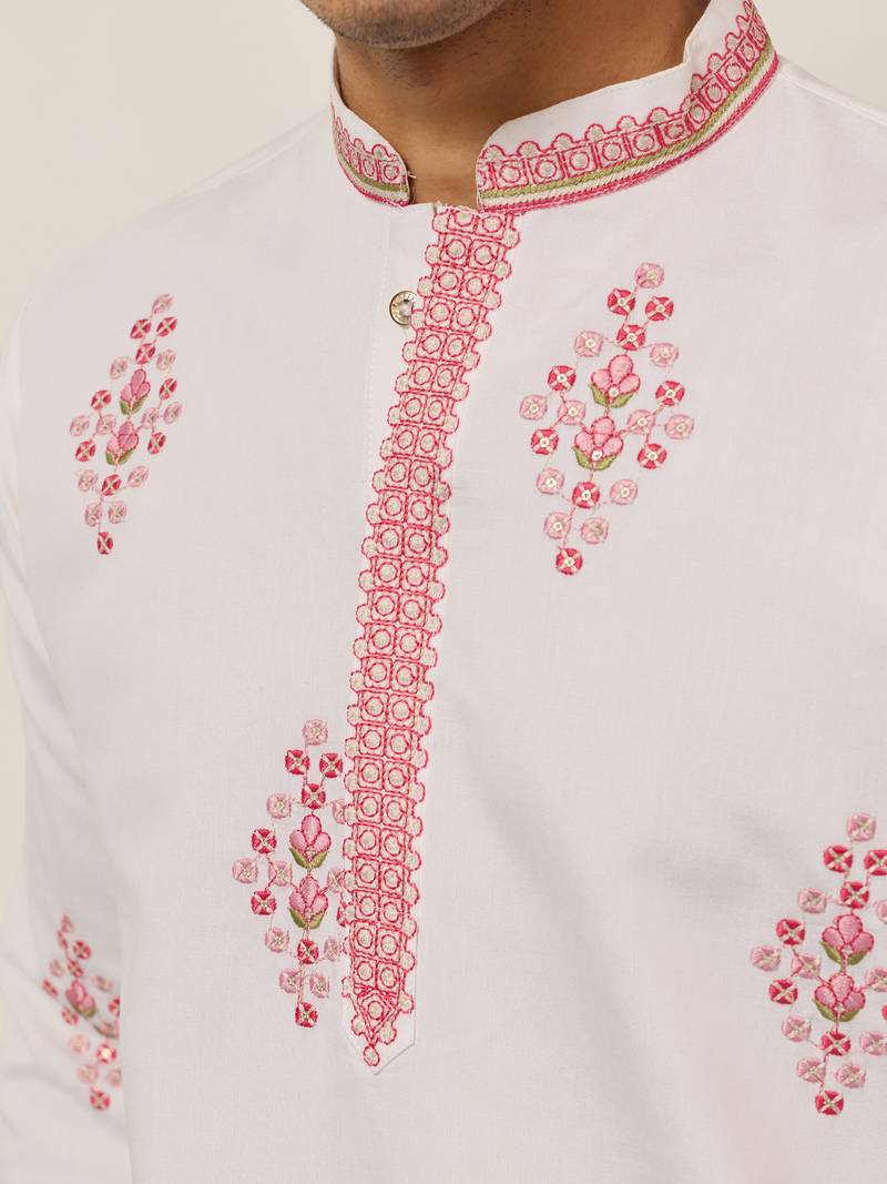 white viscose silk floral embroidered kurta pajama set for men