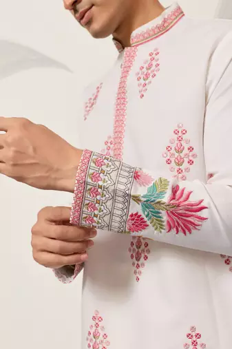 white viscose silk floral embroidered kurta pajama set for men