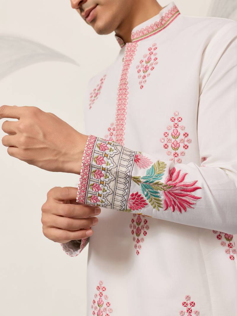 white viscose silk floral embroidered kurta pajama set for men