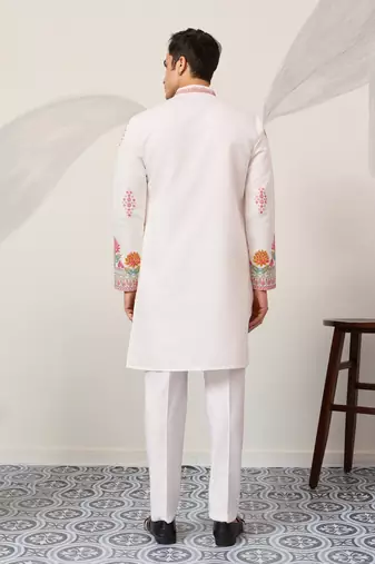 white viscose silk floral embroidered kurta pajama set for men