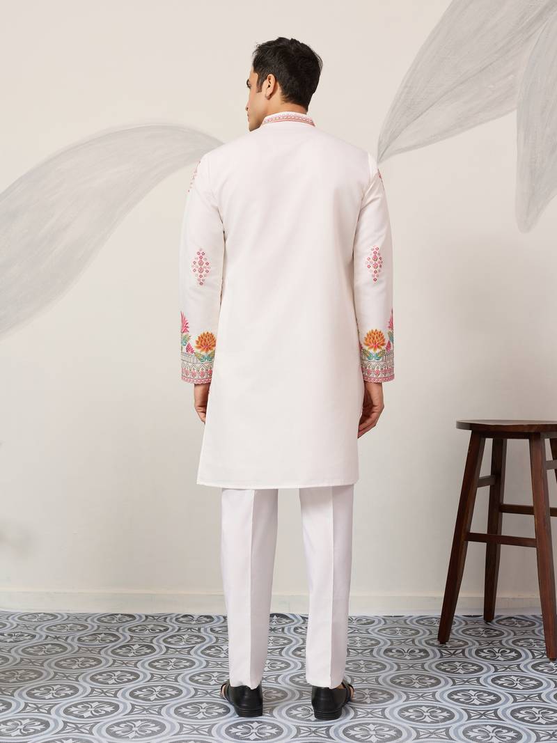 white viscose silk floral embroidered kurta pajama set for men