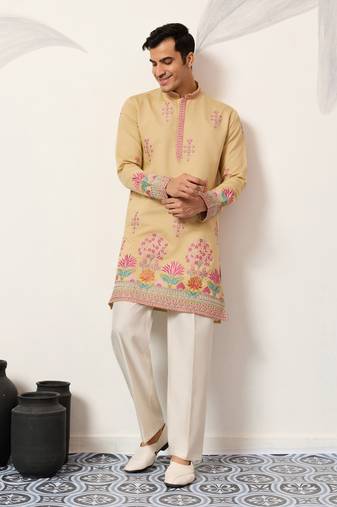 YELLOW VISCOSE SILK THREAD & SEQUINS EMBROIDERED WORK WEDDING FESTIVAL MARRIAGE PARTY WEAR STRAIGHT MENS KURTA