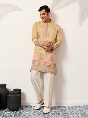 yellow viscose silk floral embroidered kurta pajama set for men 1
