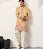 yellow viscose silk floral embroidered kurta pajama set for men
