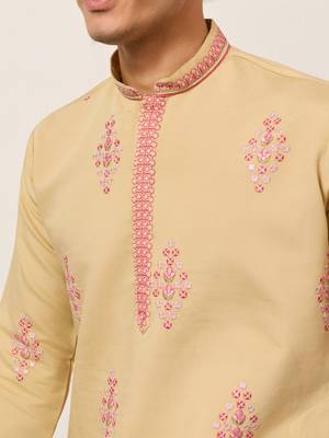 yellow viscose silk floral embroidered kurta pajama set for men 3