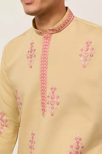 yellow viscose silk floral embroidered kurta pajama set for men