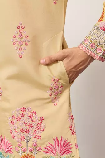 yellow viscose silk floral embroidered kurta pajama set for men