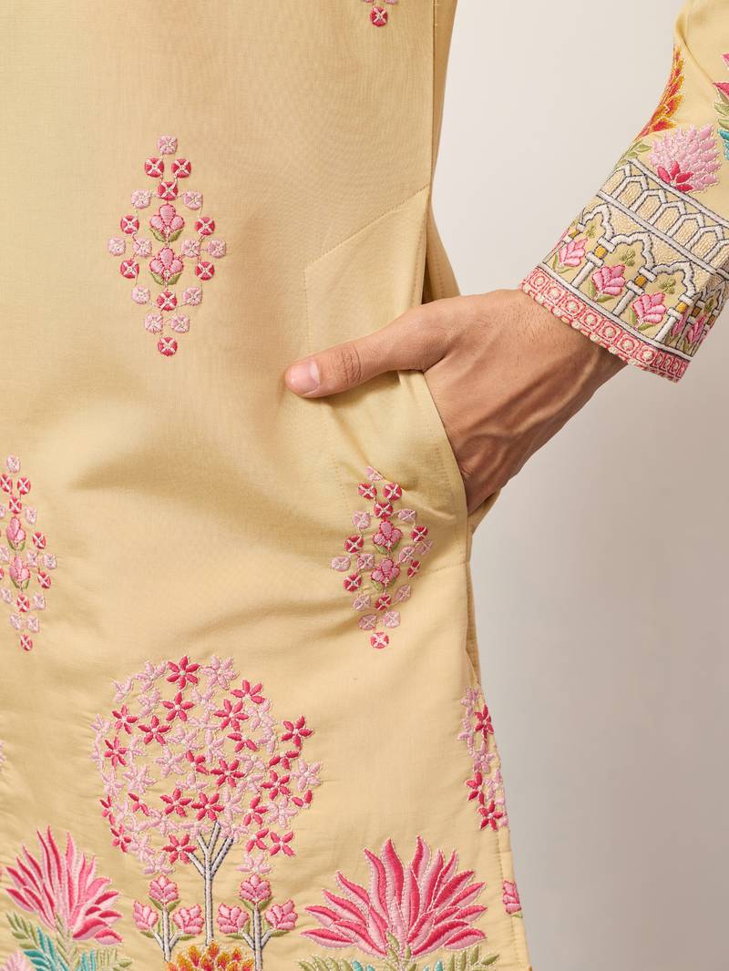 yellow viscose silk floral embroidered kurta pajama set for men