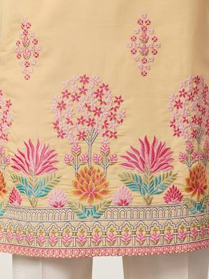 yellow viscose silk floral embroidered kurta pajama set for men 5