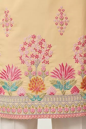 yellow viscose silk floral embroidered kurta pajama set for men