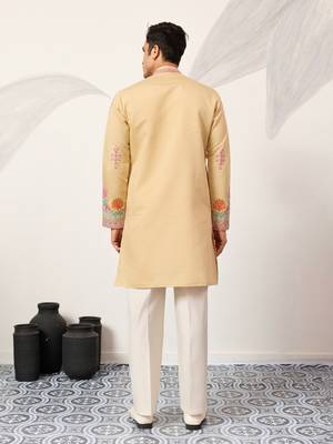 yellow viscose silk floral embroidered kurta pajama set for men 6
