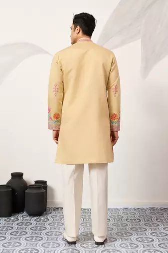 yellow viscose silk floral embroidered kurta pajama set for men
