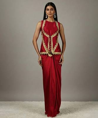 red Draped Skirt Set with lace work 1