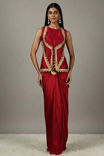 red Draped Skirt Set with lace work