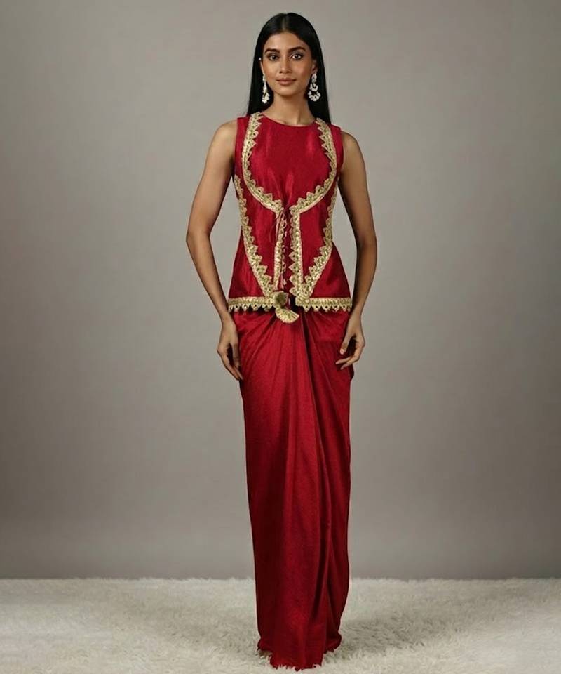 red Draped Skirt Set with lace work