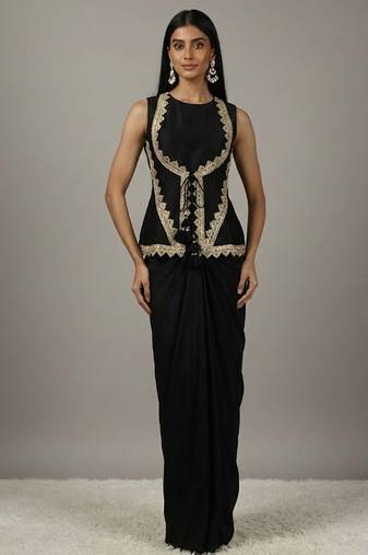 black Draped Skirt Set with lace work