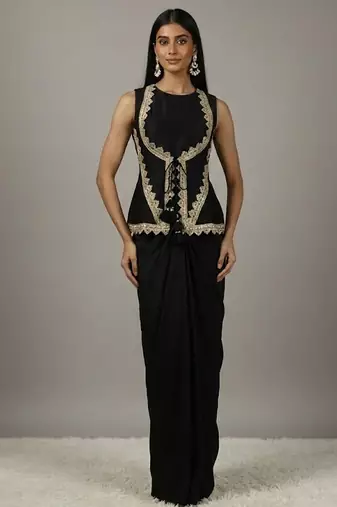 black Draped Skirt Set with lace work