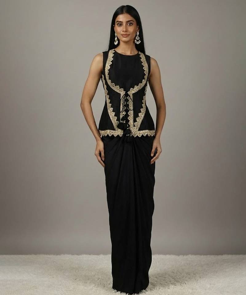 black Draped Skirt Set with lace work