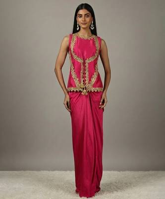 pink  Draped Skirt Set with lace work 1