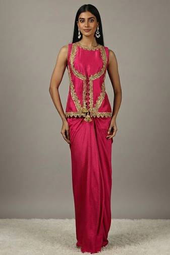 pink  Draped Skirt Set with lace work