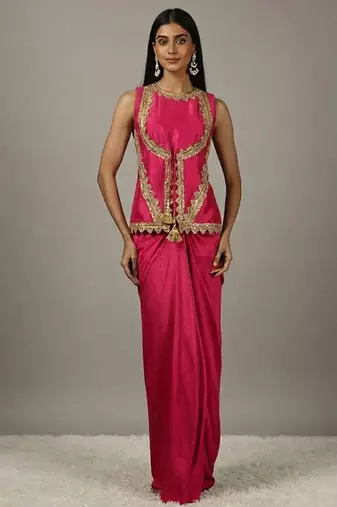 pink  Draped Skirt Set with lace work