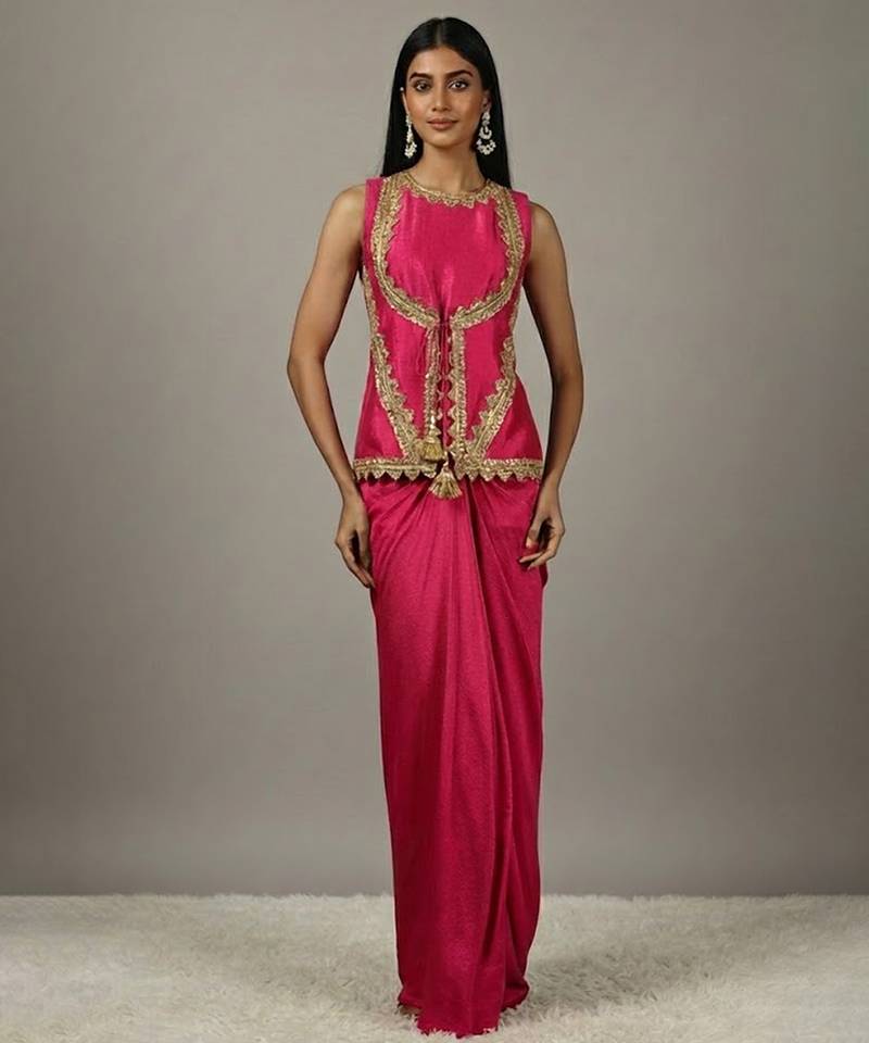 pink  Draped Skirt Set with lace work