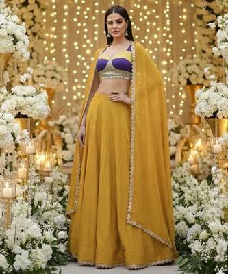 mustard Vichitra Silk Cape Lehenga Set 1