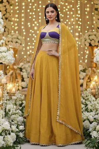 mustard Vichitra Silk Cape Lehenga Set