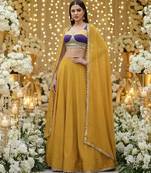 mustard Vichitra Silk Cape Lehenga Set