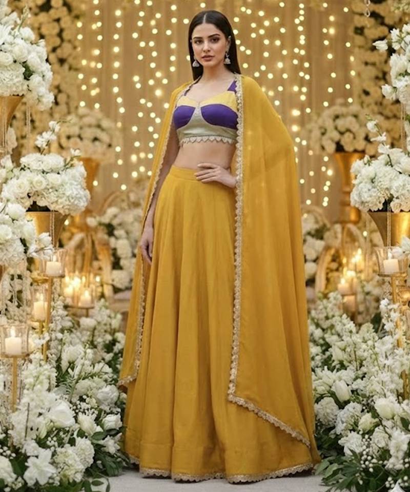 mustard Vichitra Silk Cape Lehenga Set