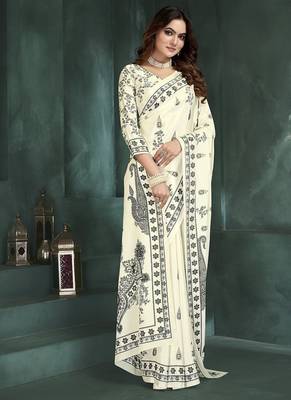 White or foil  printed saree with blouse 5