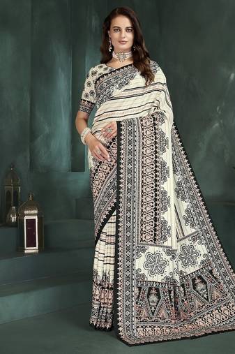 White or foil  printed saree with blouse