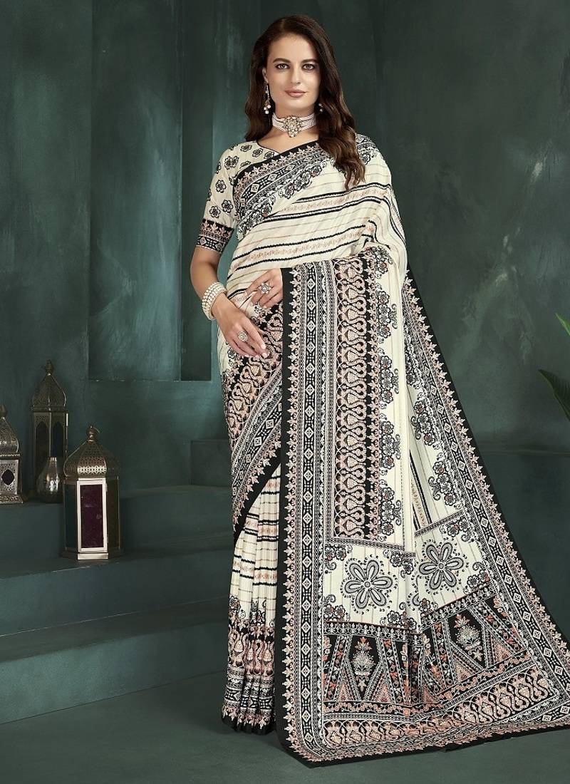 White or foil premium printed saree with blouse