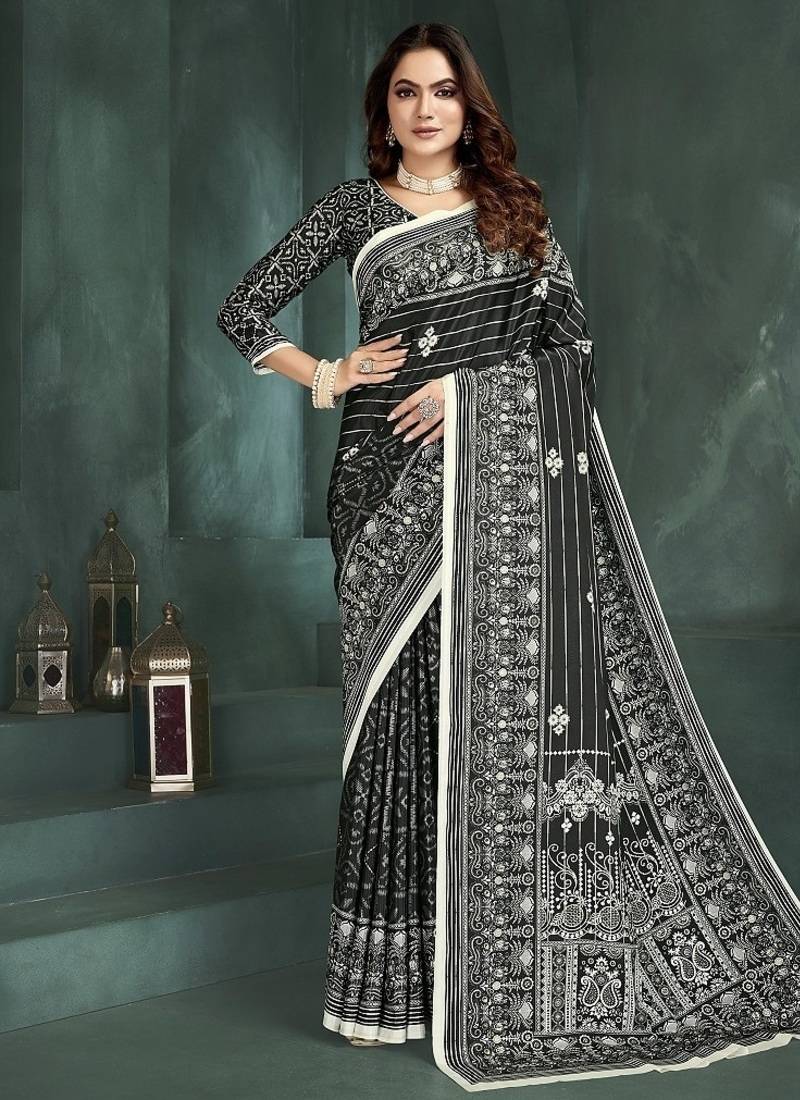 Black or foil premium printed saree with blouse
