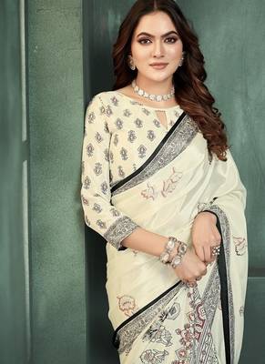 White or foil  printed saree with blouse 2