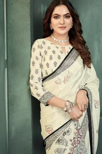 White or foil  printed saree with blouse