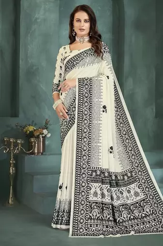White or foil premium printed saree with blouse