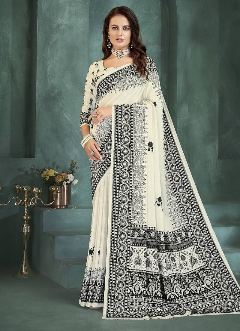White or foil  printed saree with blouse