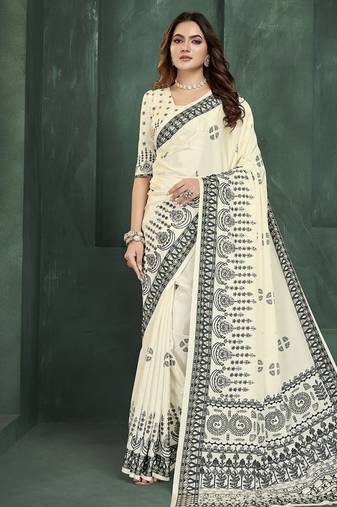 White or foil premium printed saree with blouse