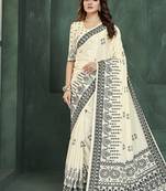 White or foil premium printed saree with blouse