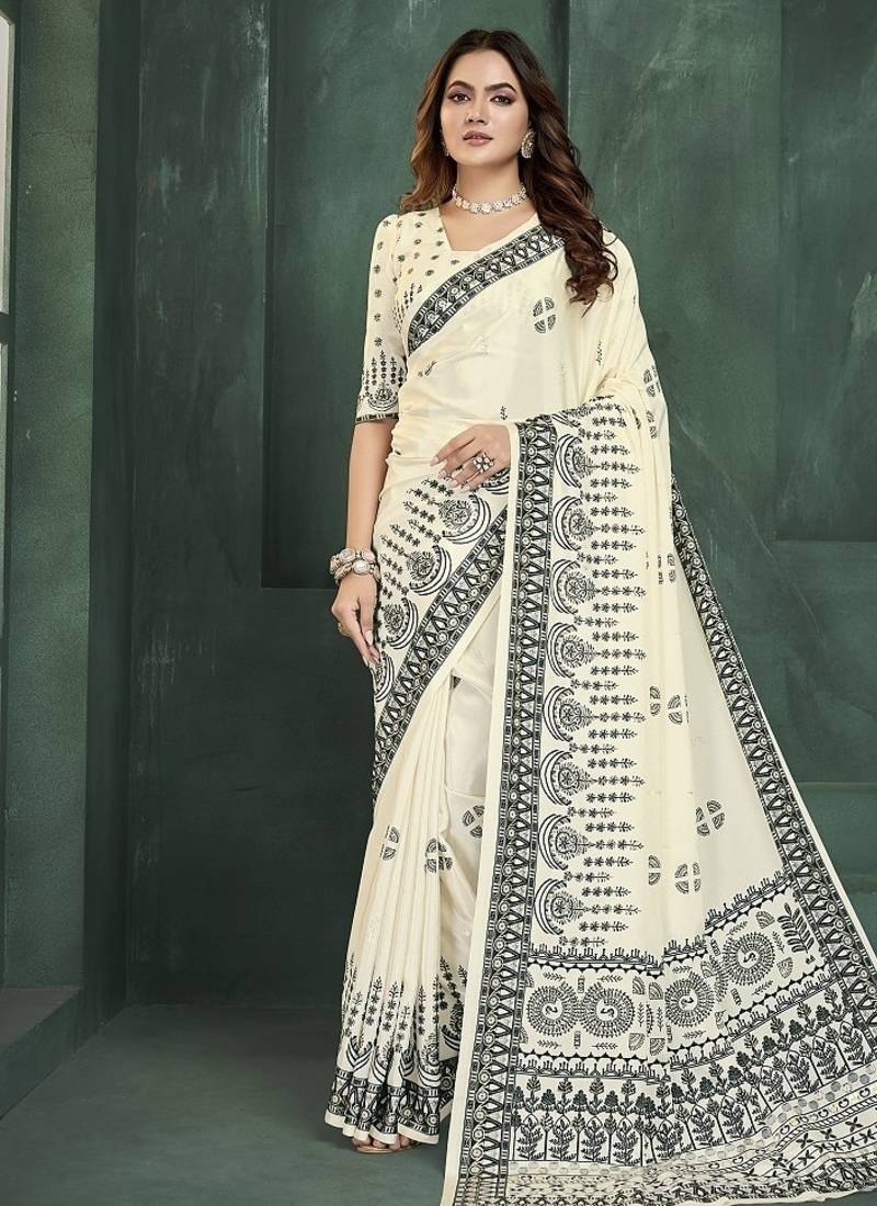 White or foil premium printed saree with blouse