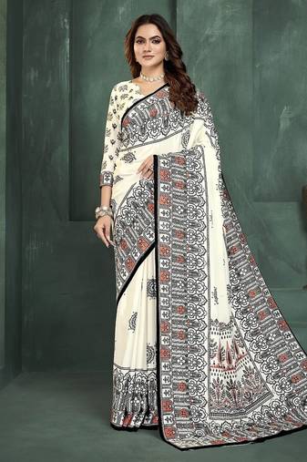 White or foil premium printed saree with blouse