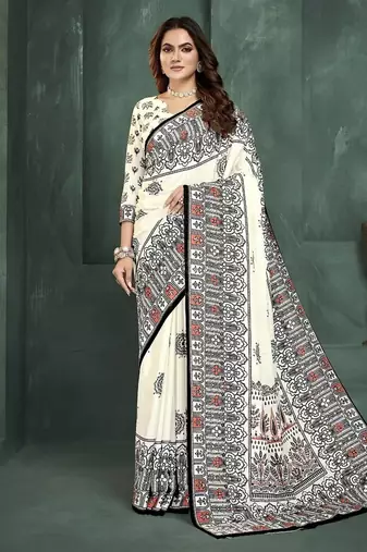 White or foil premium printed saree with blouse
