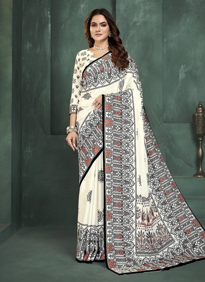 White or foil premium printed saree with blouse