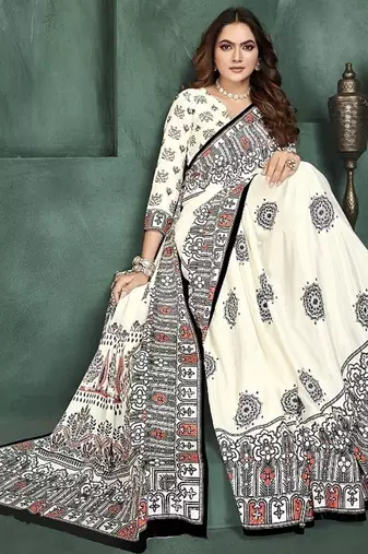 White or foil  printed saree with blouse